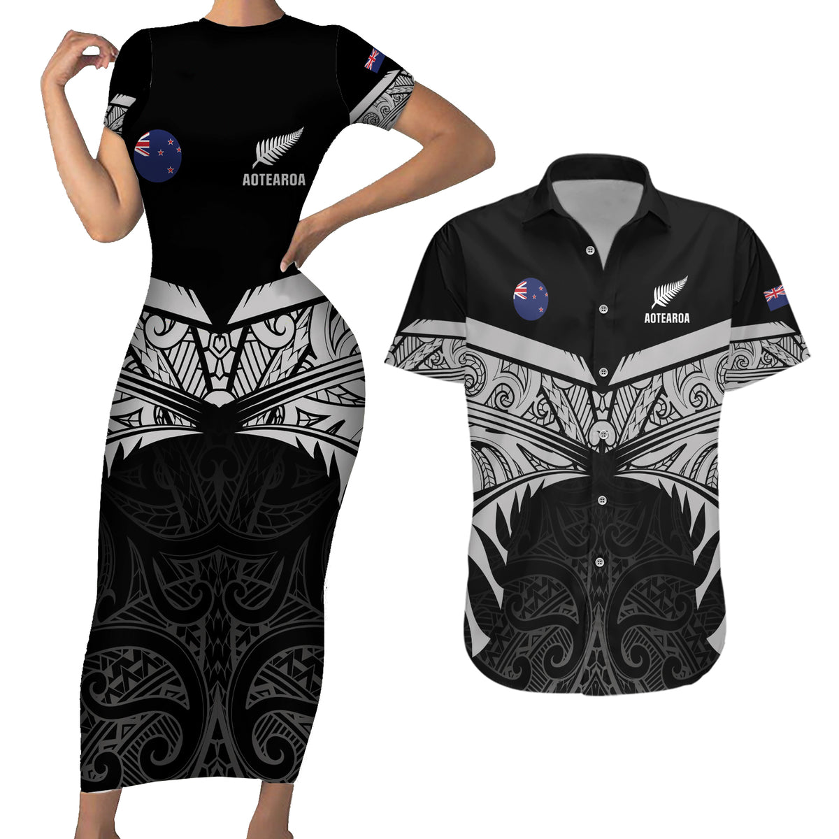 Custom New Zealand Cricket Couples Matching Short Sleeve Bodycon Dress and Hawaiian Shirt Go Champions World Cup 2024 With Maori Pattern LT05 Black - Polynesian Pride