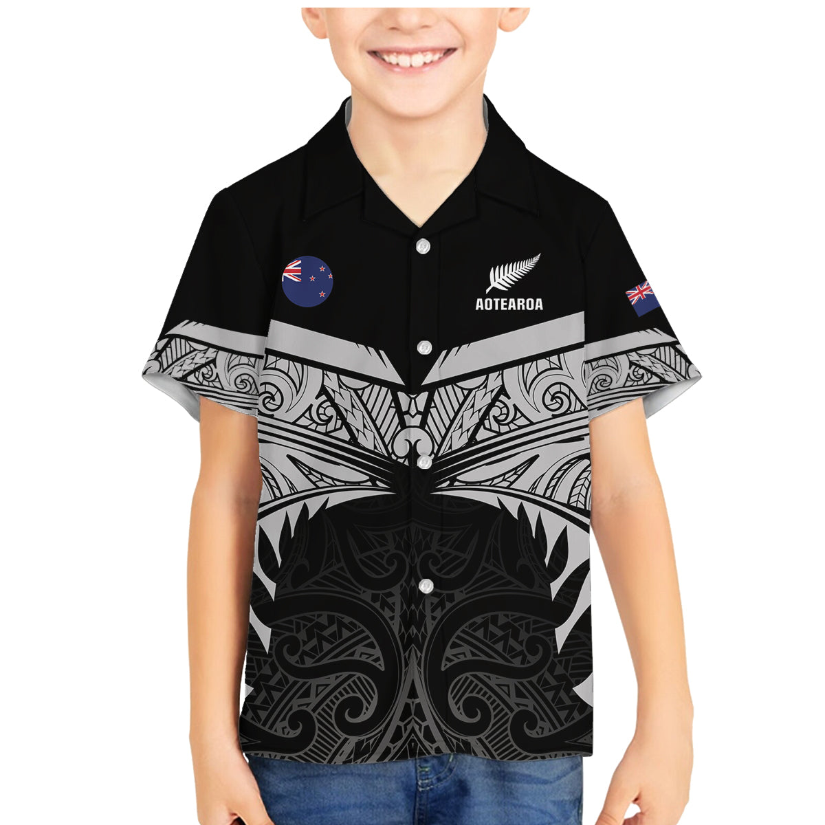 Custom New Zealand Cricket Family Matching Mermaid Dress and Hawaiian Shirt Go Champions World Cup 2024 With Maori Pattern LT05 Son's Shirt Black - Polynesian Pride