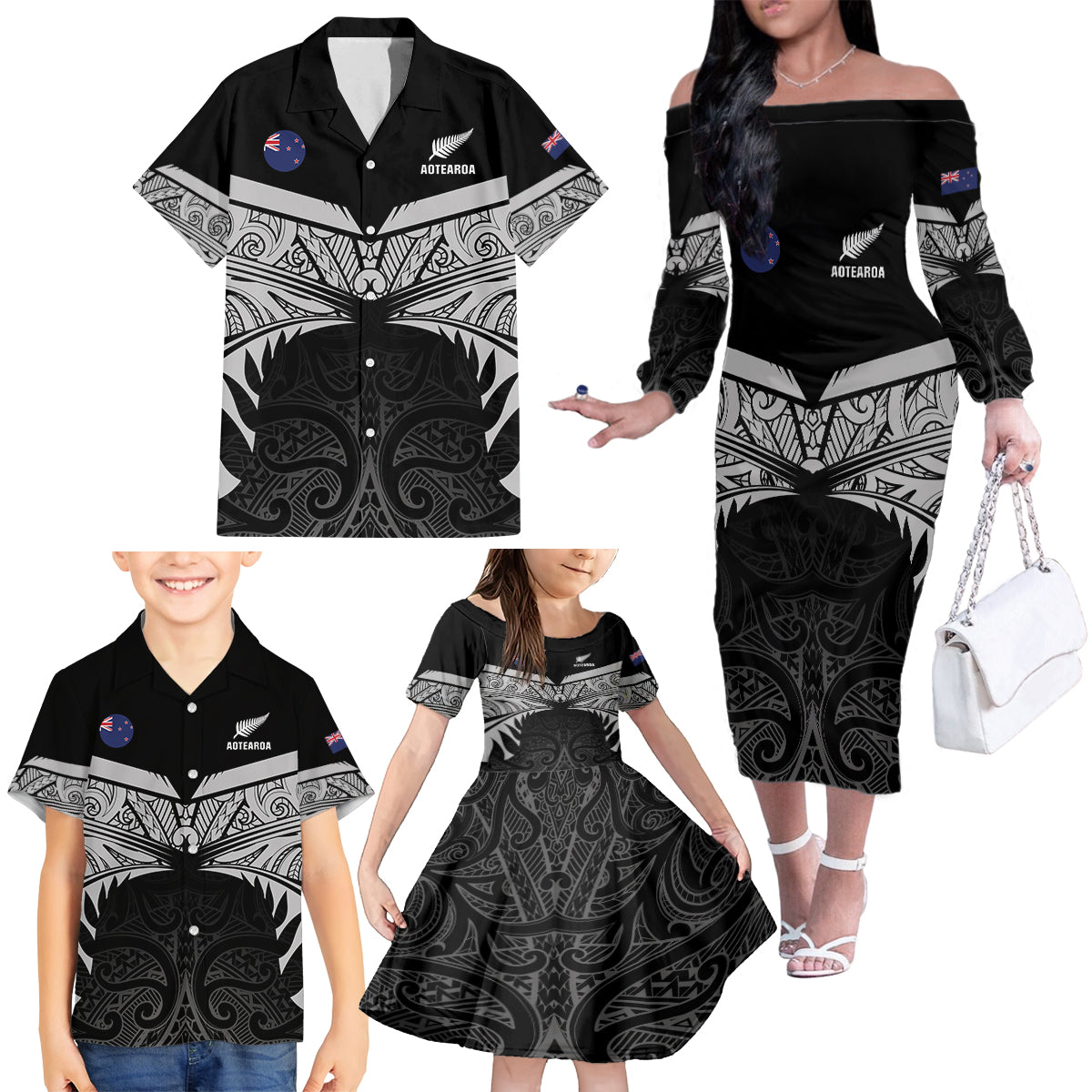 Custom New Zealand Cricket Family Matching Off The Shoulder Long Sleeve Dress and Hawaiian Shirt Go Champions World Cup 2024 With Maori Pattern LT05 - Polynesian Pride
