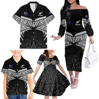 Custom New Zealand Cricket Family Matching Off The Shoulder Long Sleeve Dress and Hawaiian Shirt Go Champions World Cup 2024 With Maori Pattern LT05 - Polynesian Pride
