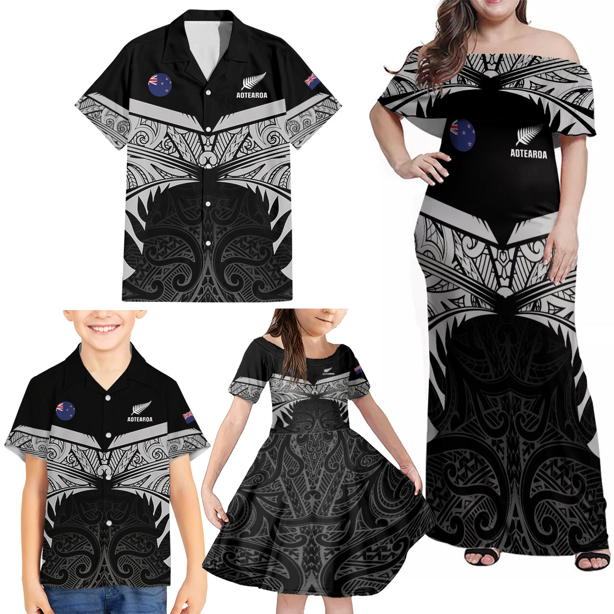 Custom New Zealand Cricket Family Matching Off Shoulder Maxi Dress and Hawaiian Shirt Go Champions World Cup 2024 With Maori Pattern LT05 - Polynesian Pride