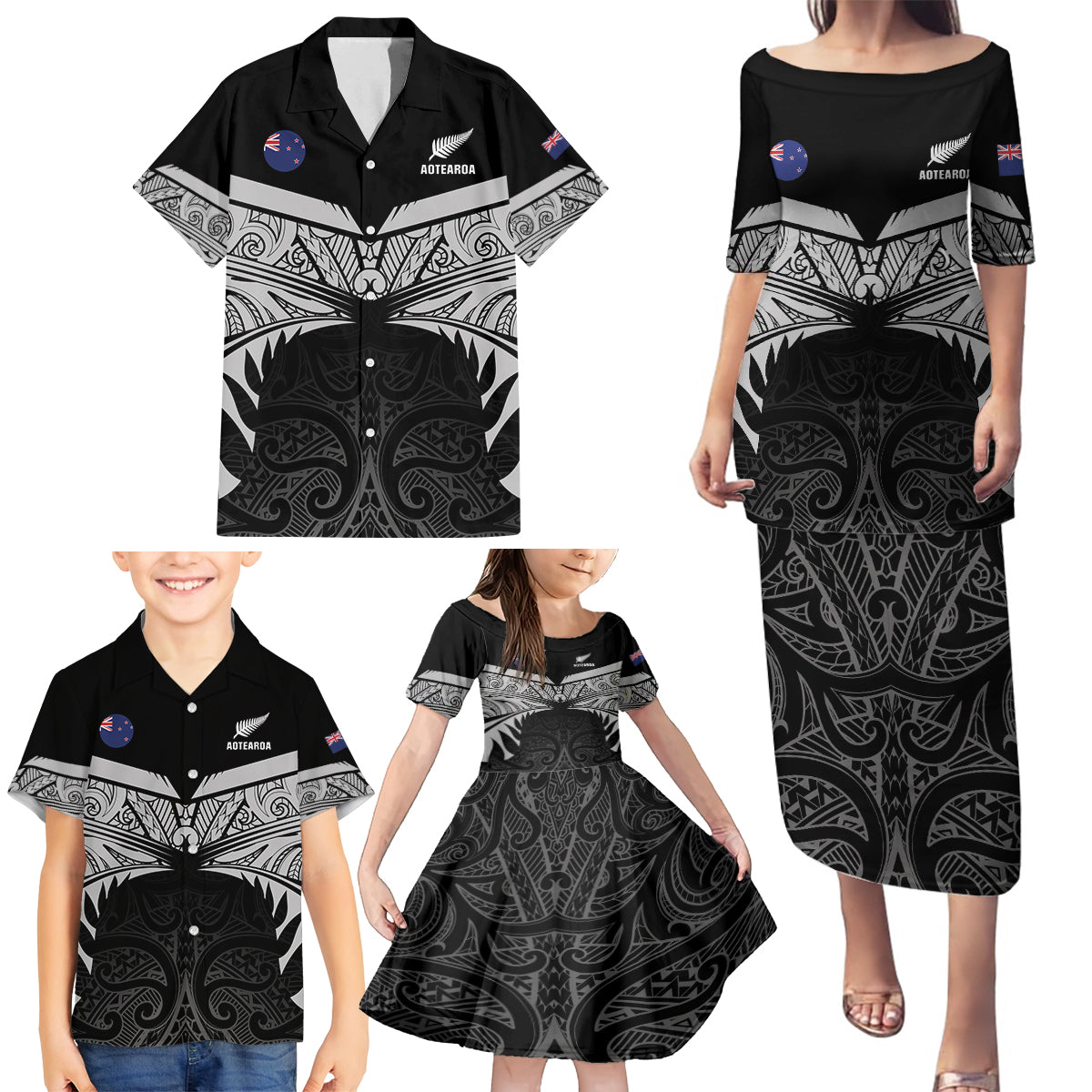 Custom New Zealand Cricket Family Matching Puletasi and Hawaiian Shirt Go Champions World Cup 2024 With Maori Pattern LT05 - Polynesian Pride