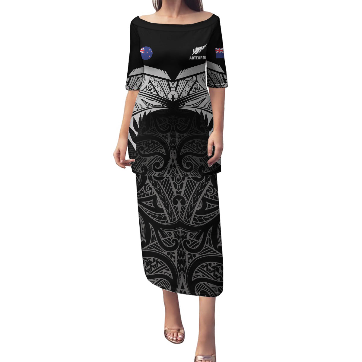 Custom New Zealand Cricket Family Matching Puletasi and Hawaiian Shirt Go Champions World Cup 2024 With Maori Pattern LT05 Mom's Dress Black - Polynesian Pride