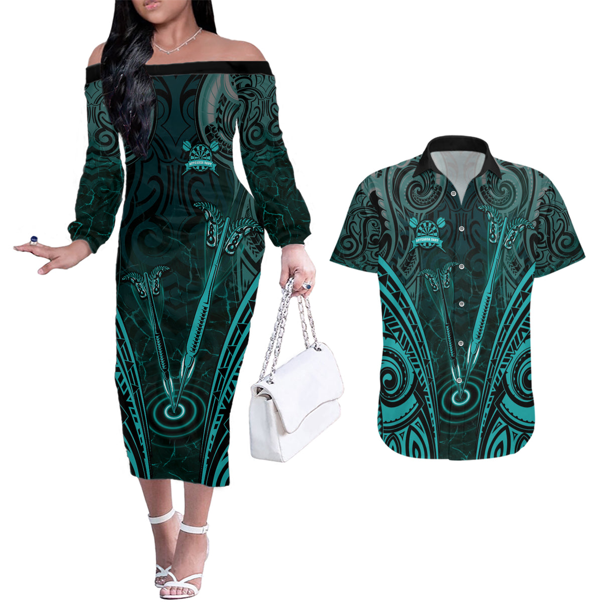 Personalised New Zealand Darts Couples Matching Off The Shoulder Long Sleeve Dress and Hawaiian Shirt Turquoise Dart Board Maori Pattern LT05 Turquoise - Polynesian Pride