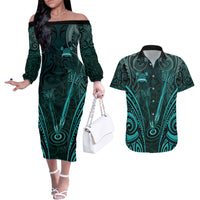 Personalised New Zealand Darts Couples Matching Off The Shoulder Long Sleeve Dress and Hawaiian Shirt Turquoise Dart Board Maori Pattern LT05 Turquoise - Polynesian Pride