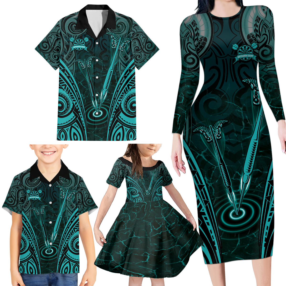 Personalised New Zealand Darts Family Matching Long Sleeve Bodycon Dress and Hawaiian Shirt Turquoise Dart Board Maori Pattern LT05 - Polynesian Pride