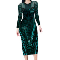 Personalised New Zealand Darts Family Matching Long Sleeve Bodycon Dress and Hawaiian Shirt Turquoise Dart Board Maori Pattern LT05 Mom's Dress Turquoise - Polynesian Pride