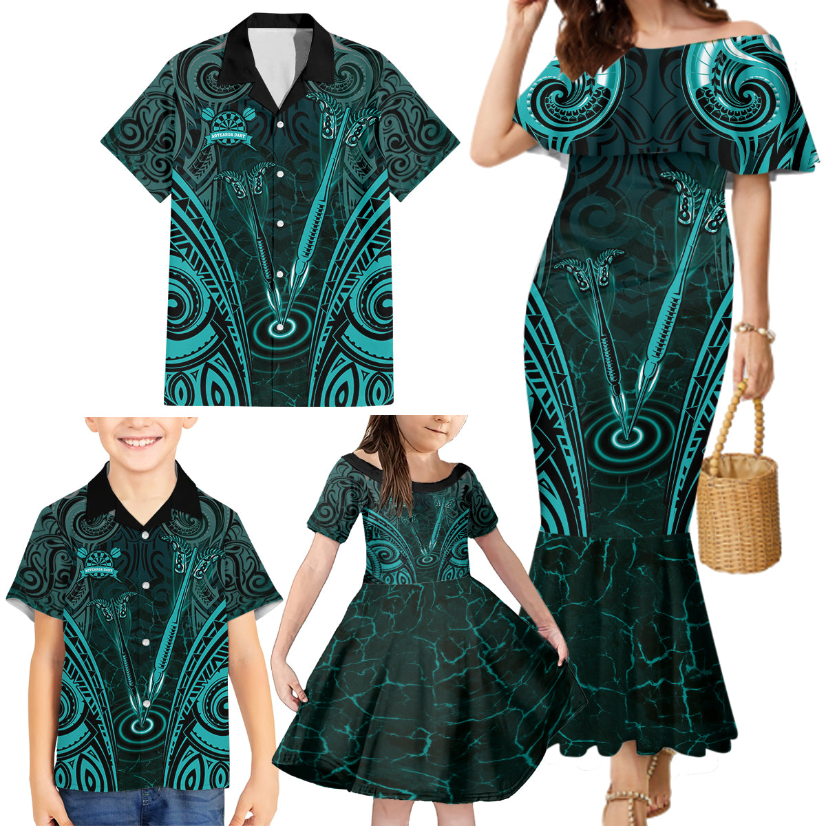 Personalised New Zealand Darts Family Matching Mermaid Dress and Hawaiian Shirt Turquoise Dart Board Maori Pattern LT05 - Polynesian Pride