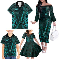 Personalised New Zealand Darts Family Matching Off The Shoulder Long Sleeve Dress and Hawaiian Shirt Turquoise Dart Board Maori Pattern LT05 - Polynesian Pride