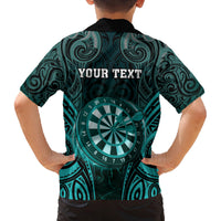 Personalised New Zealand Darts Family Matching Off Shoulder Maxi Dress and Hawaiian Shirt Turquoise Dart Board Maori Pattern LT05 - Polynesian Pride