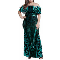 Personalised New Zealand Darts Family Matching Off Shoulder Maxi Dress and Hawaiian Shirt Turquoise Dart Board Maori Pattern LT05 Mom's Dress Turquoise - Polynesian Pride
