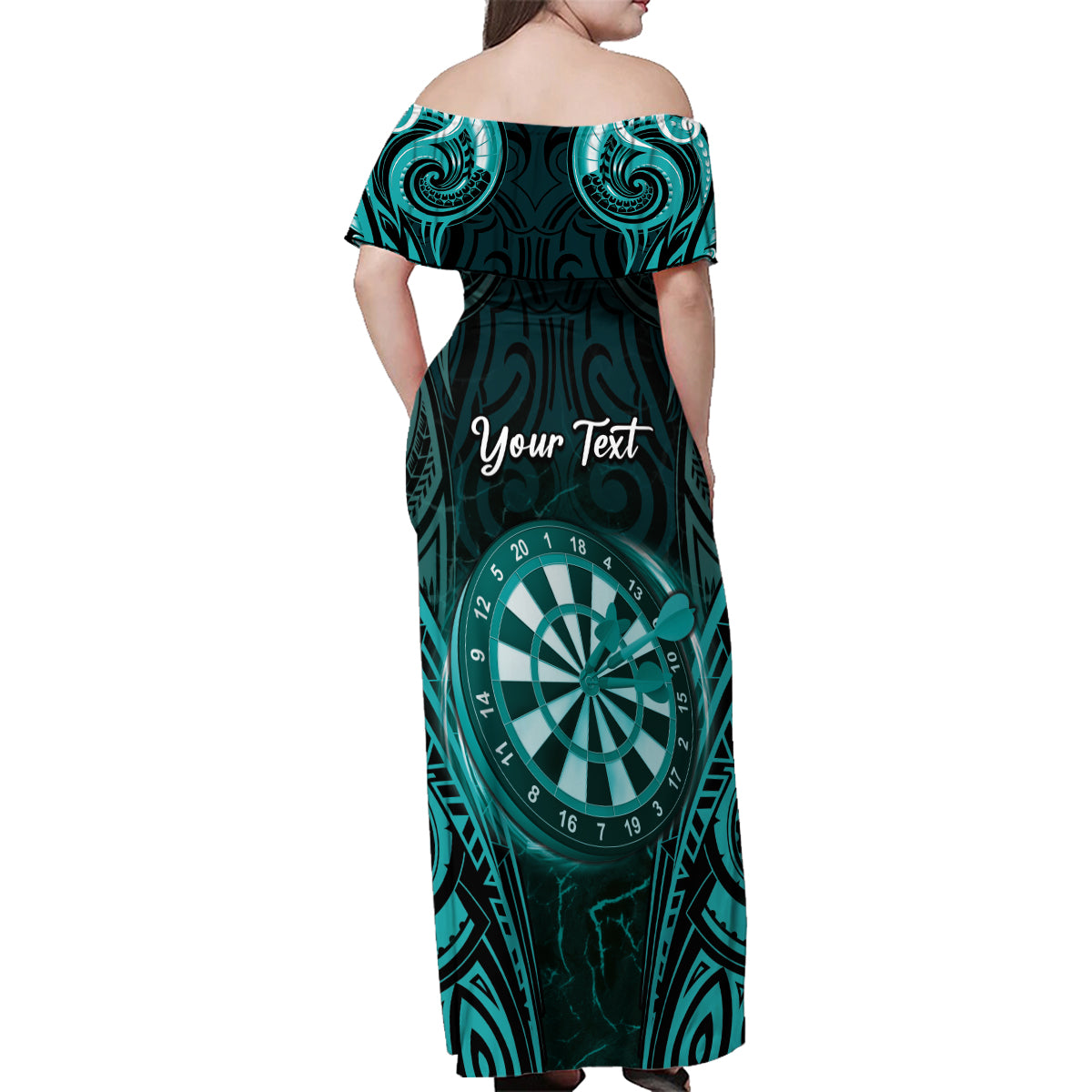 Personalised New Zealand Darts Family Matching Off Shoulder Maxi Dress and Hawaiian Shirt Turquoise Dart Board Maori Pattern LT05 - Polynesian Pride