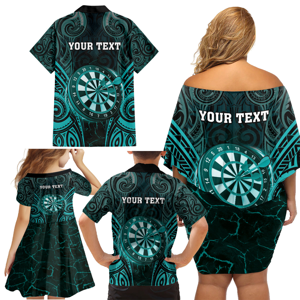 Personalised New Zealand Darts Family Matching Off Shoulder Short Dress and Hawaiian Shirt Turquoise Dart Board Maori Pattern LT05 - Polynesian Pride