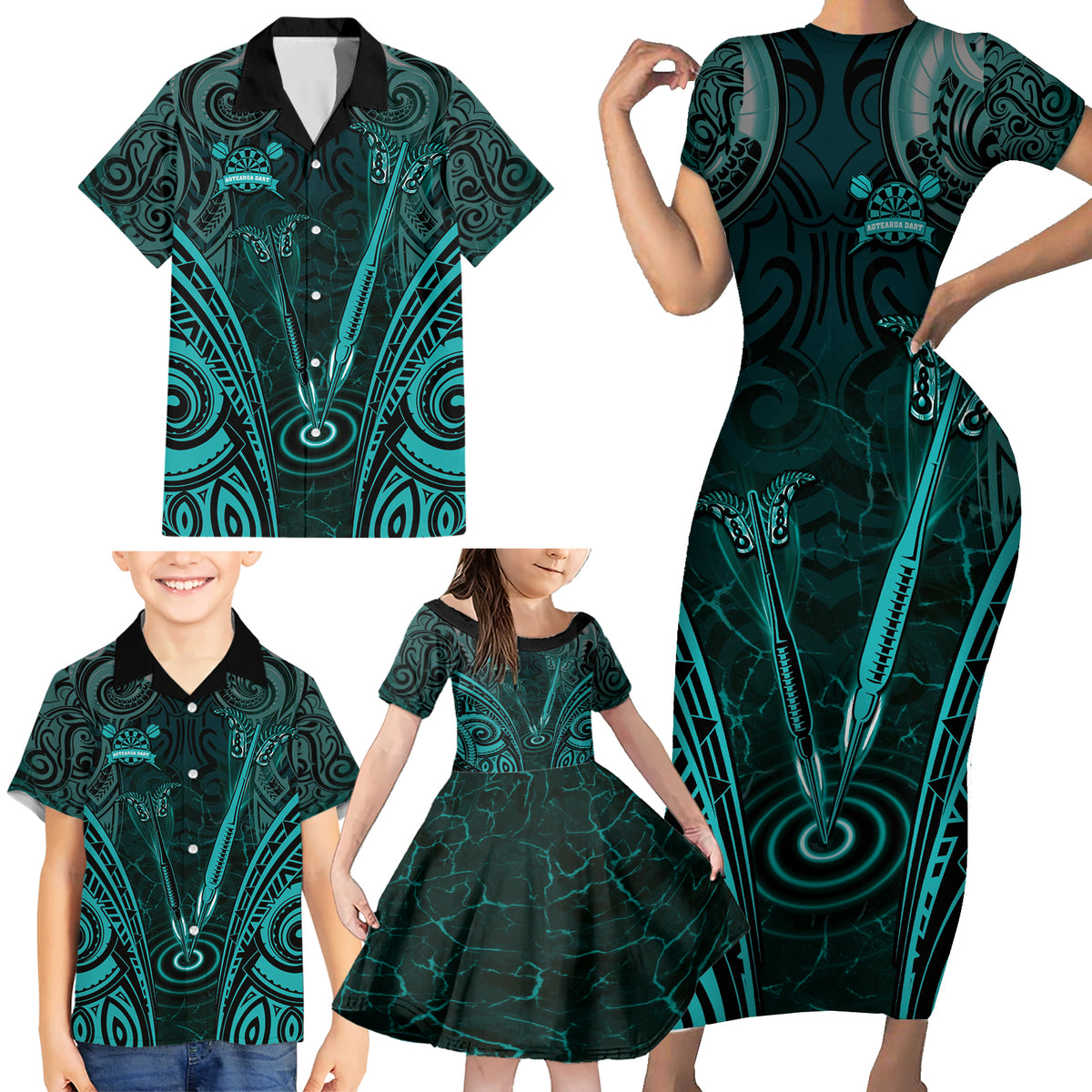 Personalised New Zealand Darts Family Matching Short Sleeve Bodycon Dress and Hawaiian Shirt Turquoise Dart Board Maori Pattern LT05 - Polynesian Pride