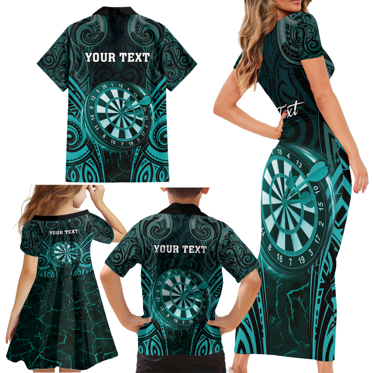 Personalised New Zealand Darts Family Matching Short Sleeve Bodycon Dress and Hawaiian Shirt Turquoise Dart Board Maori Pattern LT05 - Polynesian Pride