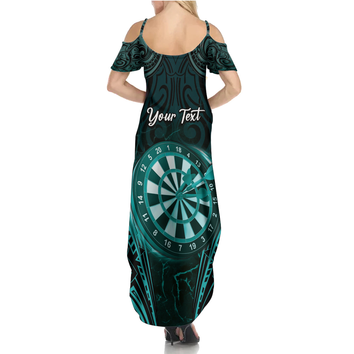Personalised New Zealand Darts Family Matching Summer Maxi Dress and Hawaiian Shirt Turquoise Dart Board Maori Pattern LT05 - Polynesian Pride