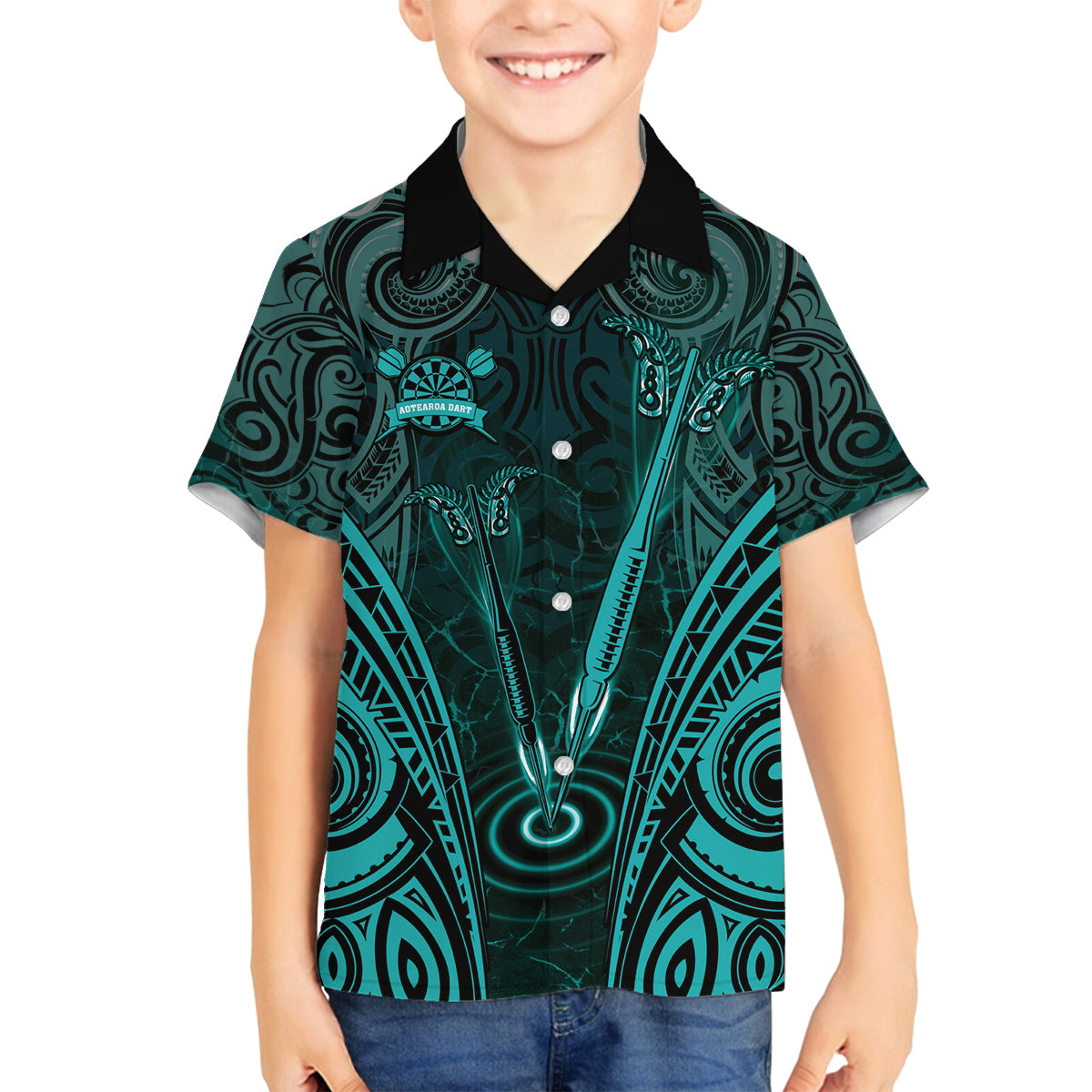 Personalised New Zealand Darts Family Matching Summer Maxi Dress and Hawaiian Shirt Turquoise Dart Board Maori Pattern LT05 Son's Shirt Turquoise - Polynesian Pride