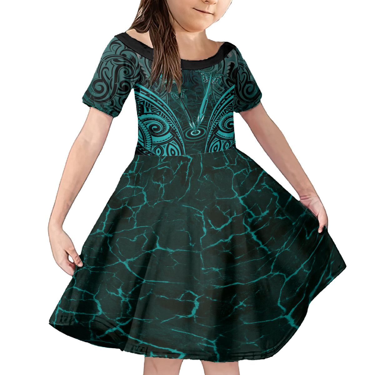 Personalised New Zealand Darts Family Matching Tank Maxi Dress and Hawaiian Shirt Turquoise Dart Board Maori Pattern LT05 Daughter's Dress Turquoise - Polynesian Pride