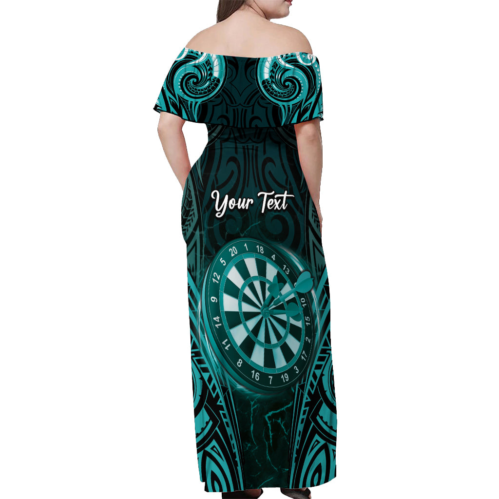 Personalised New Zealand Darts Off Shoulder Maxi Dress Turquoise Dart Board Maori Pattern LT05 - Polynesian Pride
