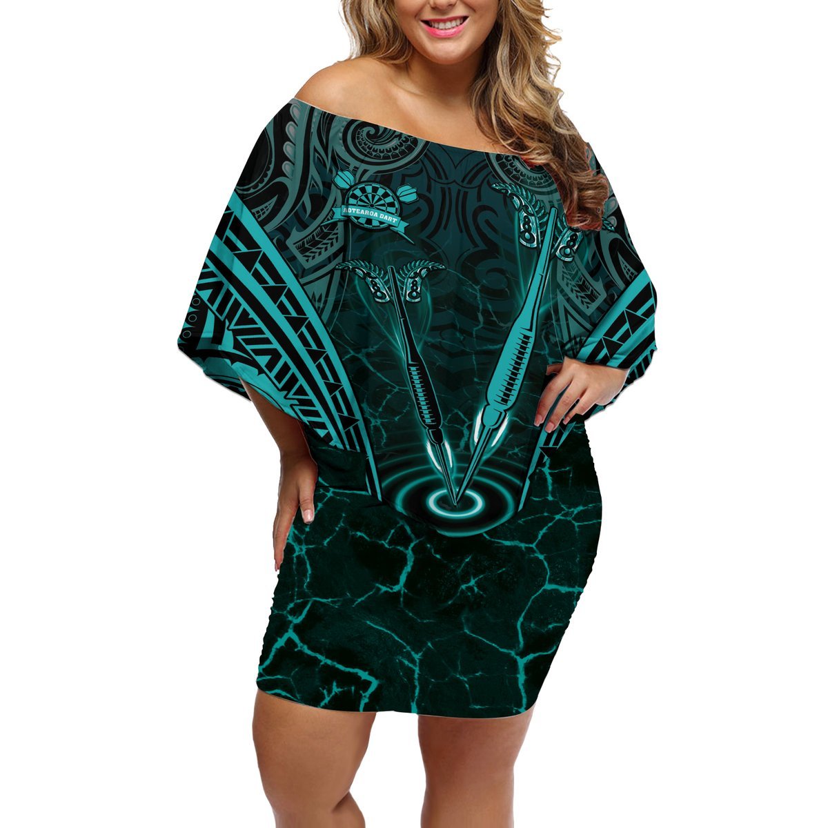 Personalised New Zealand Darts Off Shoulder Short Dress Turquoise Dart Board Maori Pattern LT05 Women Turquoise - Polynesian Pride