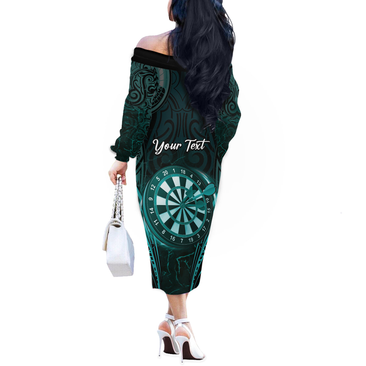 Personalised New Zealand Darts Off The Shoulder Long Sleeve Dress Turquoise Dart Board Maori Pattern