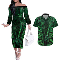 Personalised New Zealand Darts Couples Matching Off The Shoulder Long Sleeve Dress and Hawaiian Shirt Green Dart Board Maori Pattern LT05 Green - Polynesian Pride