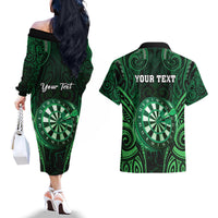 Personalised New Zealand Darts Couples Matching Off The Shoulder Long Sleeve Dress and Hawaiian Shirt Green Dart Board Maori Pattern LT05 - Polynesian Pride
