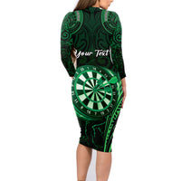 Personalised New Zealand Darts Family Matching Long Sleeve Bodycon Dress and Hawaiian Shirt Green Dart Board Maori Pattern LT05 - Polynesian Pride