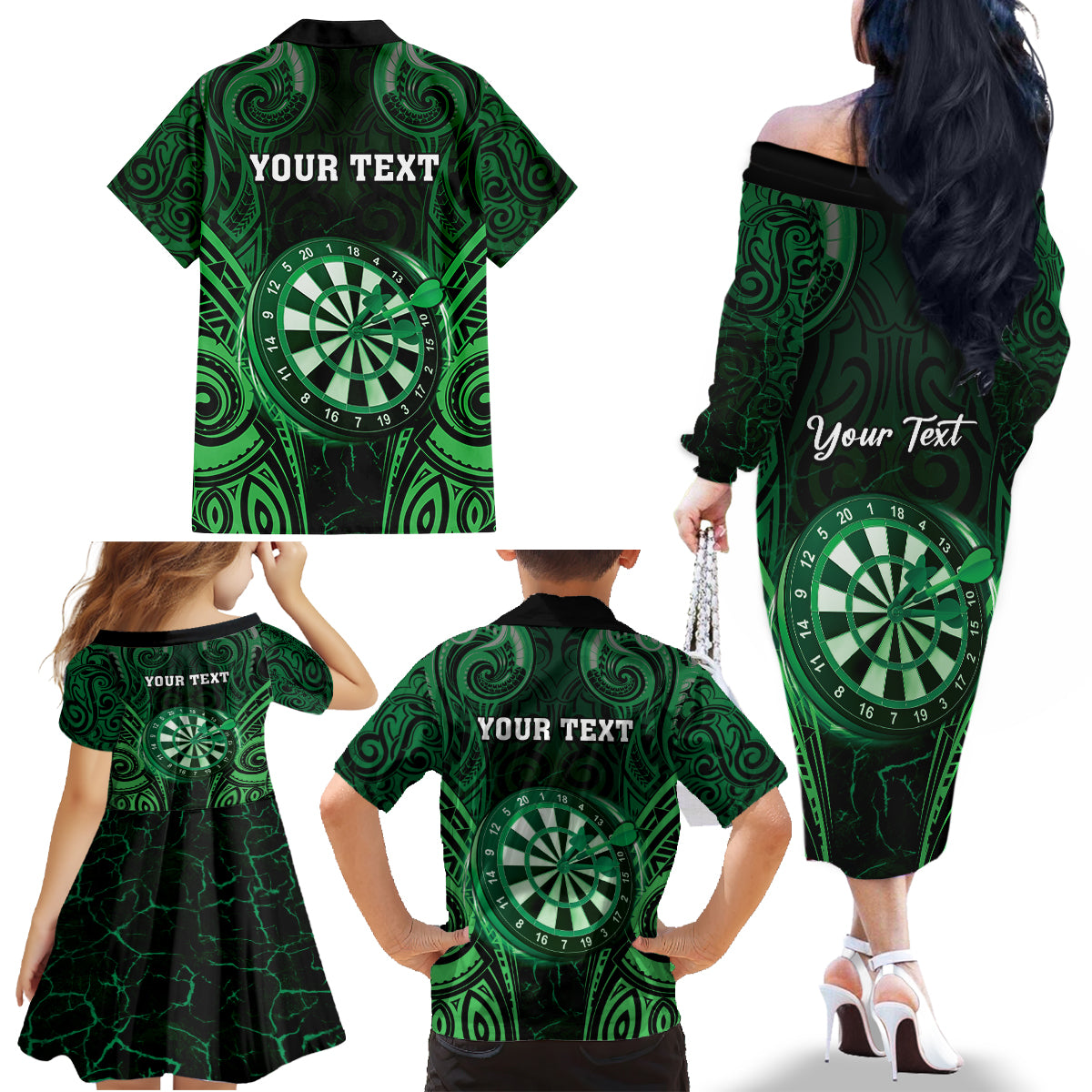 Personalised New Zealand Darts Family Matching Off The Shoulder Long Sleeve Dress and Hawaiian Shirt Green Dart Board Maori Pattern LT05 - Polynesian Pride