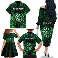 Personalised New Zealand Darts Family Matching Off The Shoulder Long Sleeve Dress and Hawaiian Shirt Green Dart Board Maori Pattern LT05 - Polynesian Pride