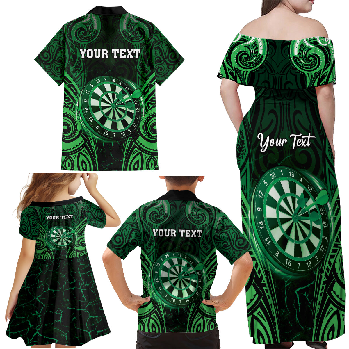 Personalised New Zealand Darts Family Matching Off Shoulder Maxi Dress and Hawaiian Shirt Green Dart Board Maori Pattern LT05 - Polynesian Pride