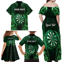 Personalised New Zealand Darts Family Matching Off Shoulder Maxi Dress and Hawaiian Shirt Green Dart Board Maori Pattern LT05 - Polynesian Pride