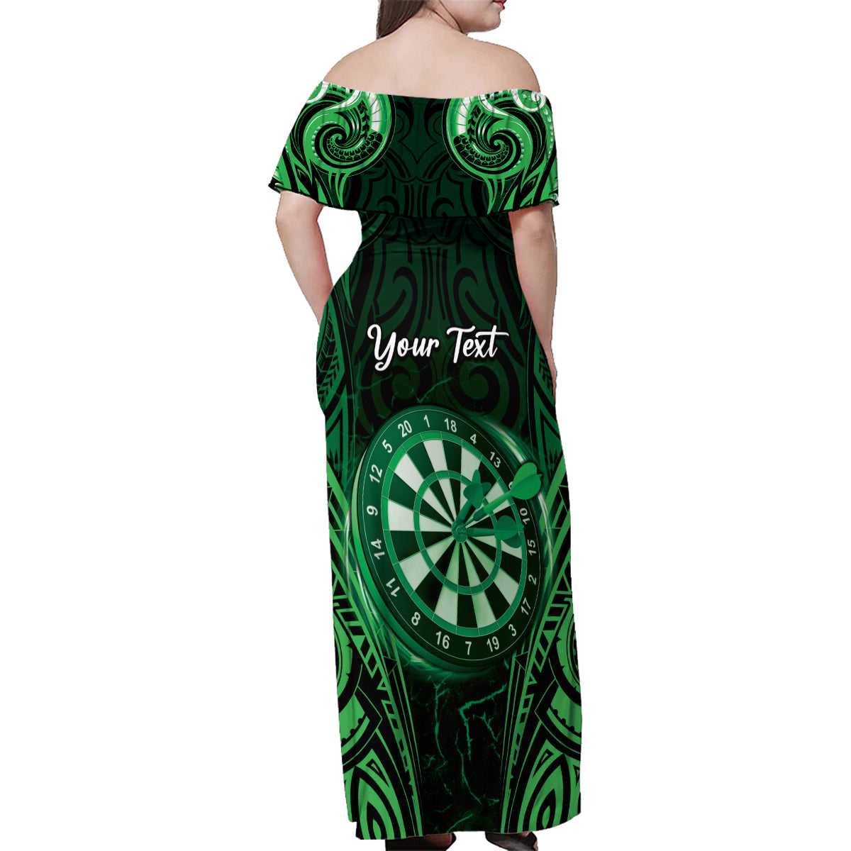 Personalised New Zealand Darts Family Matching Off Shoulder Maxi Dress and Hawaiian Shirt Green Dart Board Maori Pattern LT05 - Polynesian Pride