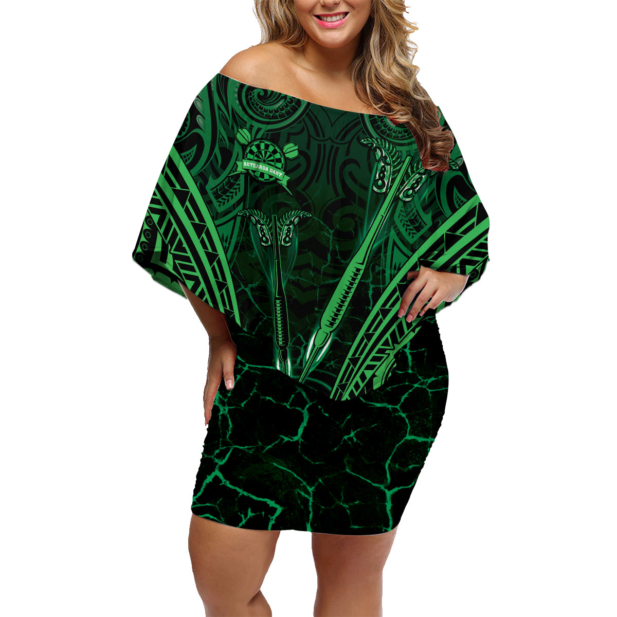 Personalised New Zealand Darts Family Matching Off Shoulder Short Dress and Hawaiian Shirt Green Dart Board Maori Pattern LT05 Mom's Dress Green - Polynesian Pride