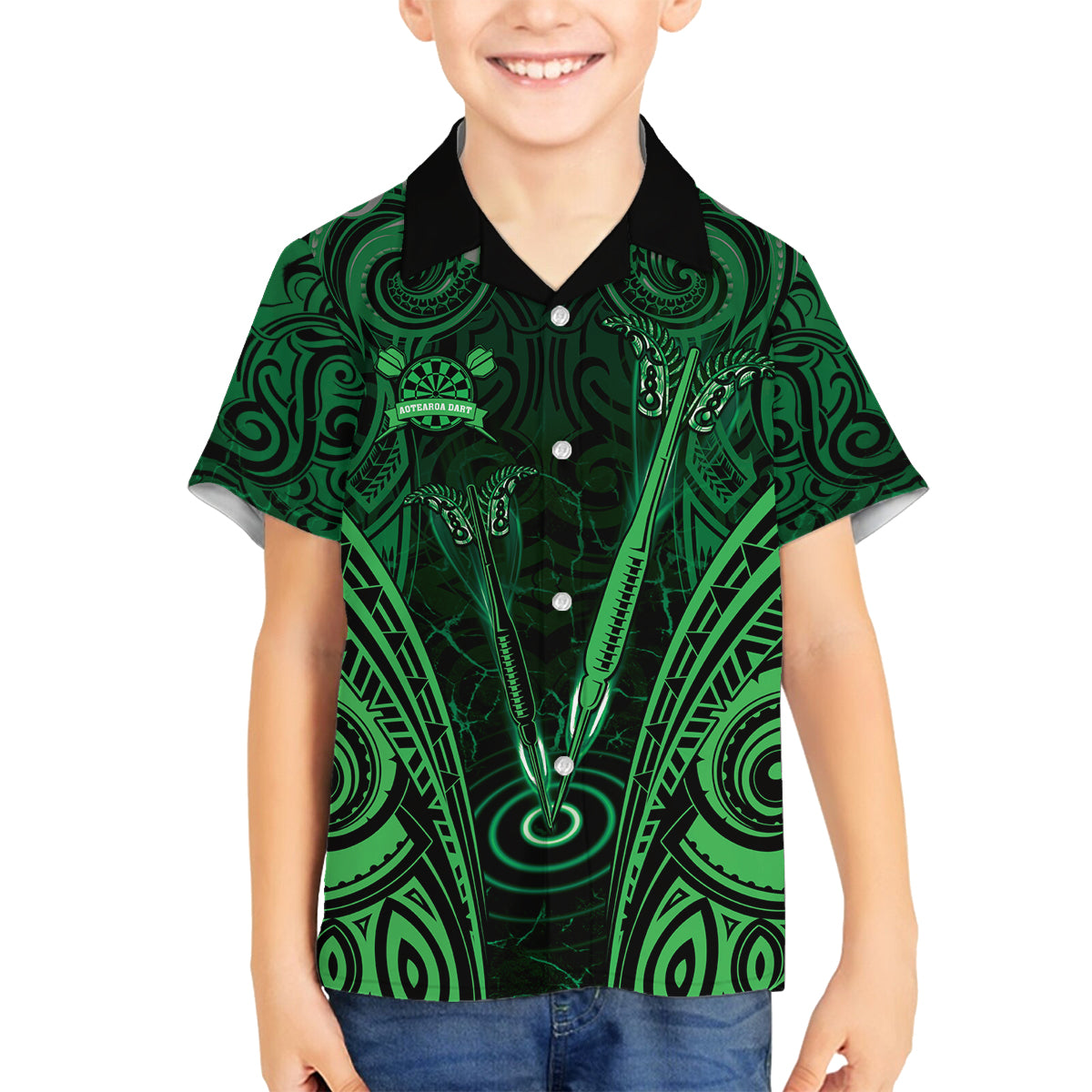 Personalised New Zealand Darts Family Matching Off Shoulder Short Dress and Hawaiian Shirt Green Dart Board Maori Pattern LT05 Son's Shirt Green - Polynesian Pride