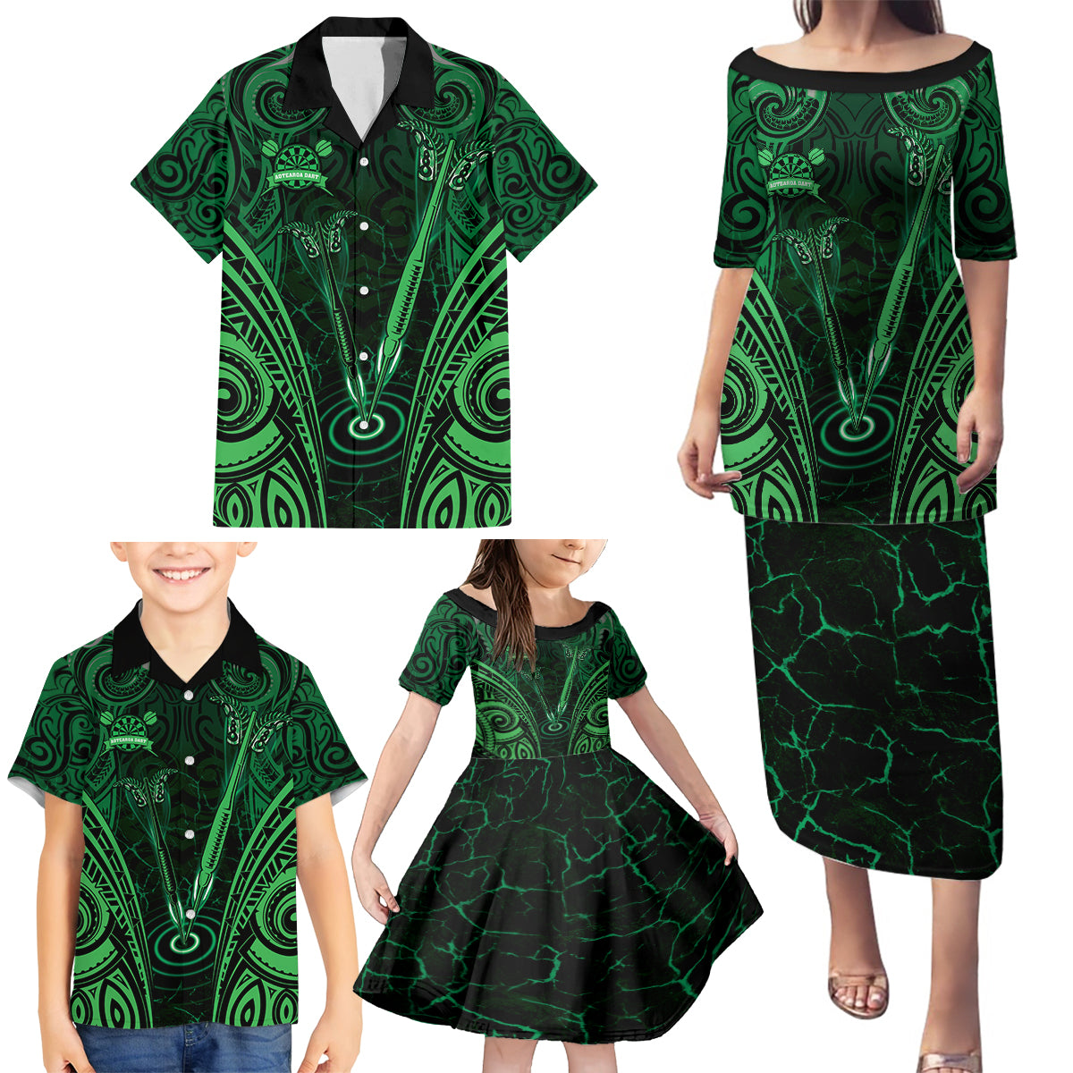 Personalised New Zealand Darts Family Matching Puletasi and Hawaiian Shirt Green Dart Board Maori Pattern LT05 - Polynesian Pride