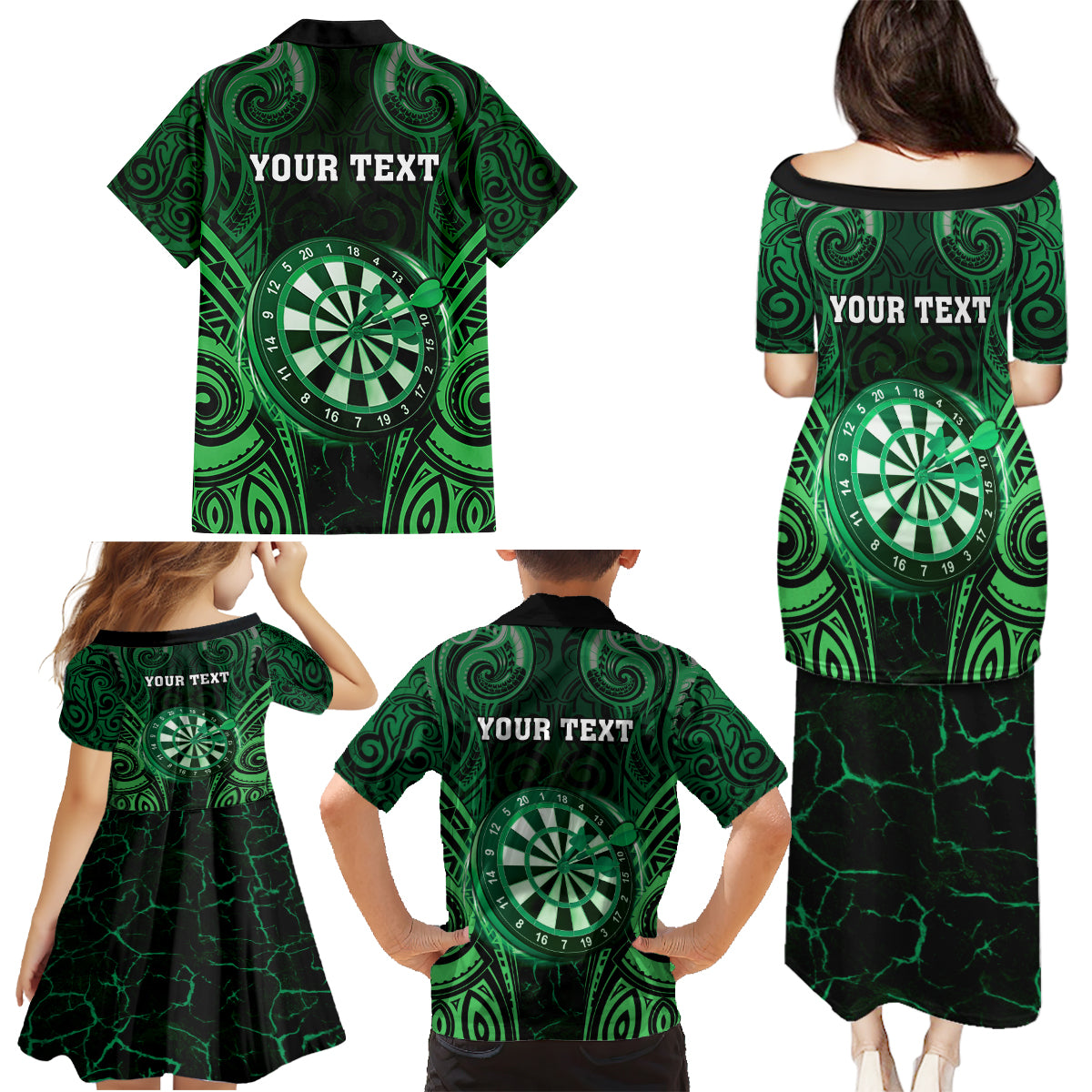 Personalised New Zealand Darts Family Matching Puletasi and Hawaiian Shirt Green Dart Board Maori Pattern LT05 - Polynesian Pride