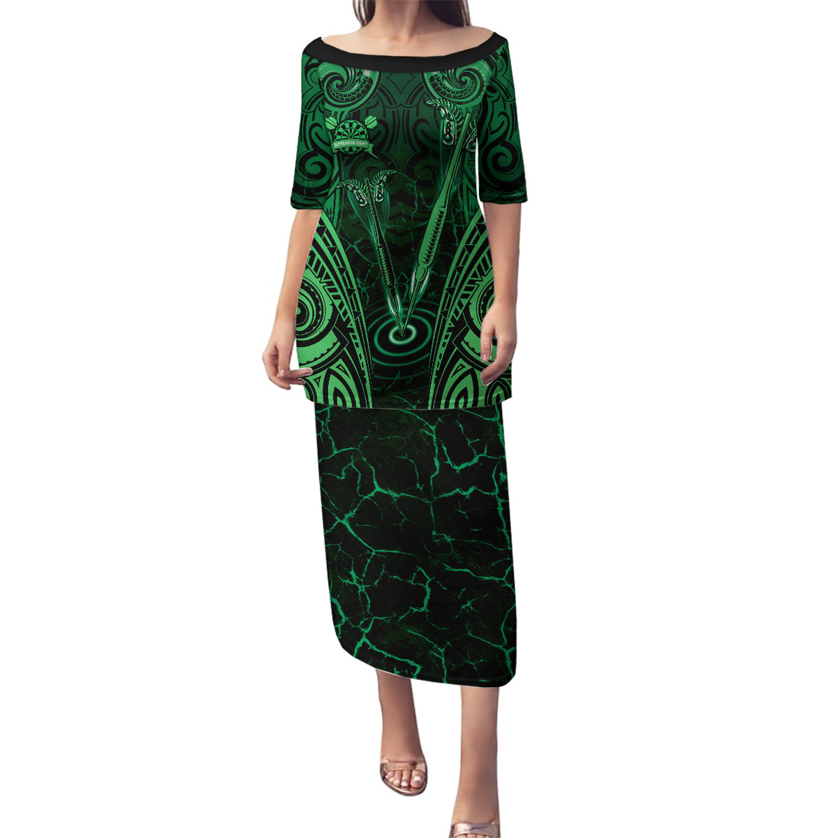 Personalised New Zealand Darts Family Matching Puletasi and Hawaiian Shirt Green Dart Board Maori Pattern LT05 Mom's Dress Green - Polynesian Pride