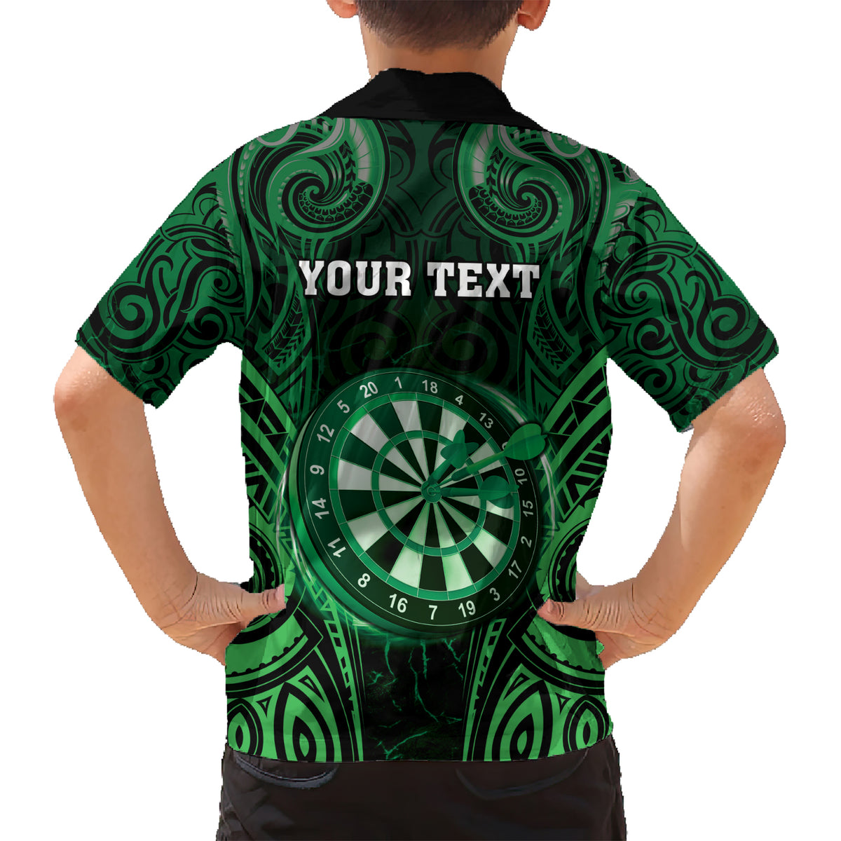 Personalised New Zealand Darts Family Matching Short Sleeve Bodycon Dress and Hawaiian Shirt Green Dart Board Maori Pattern LT05 - Polynesian Pride