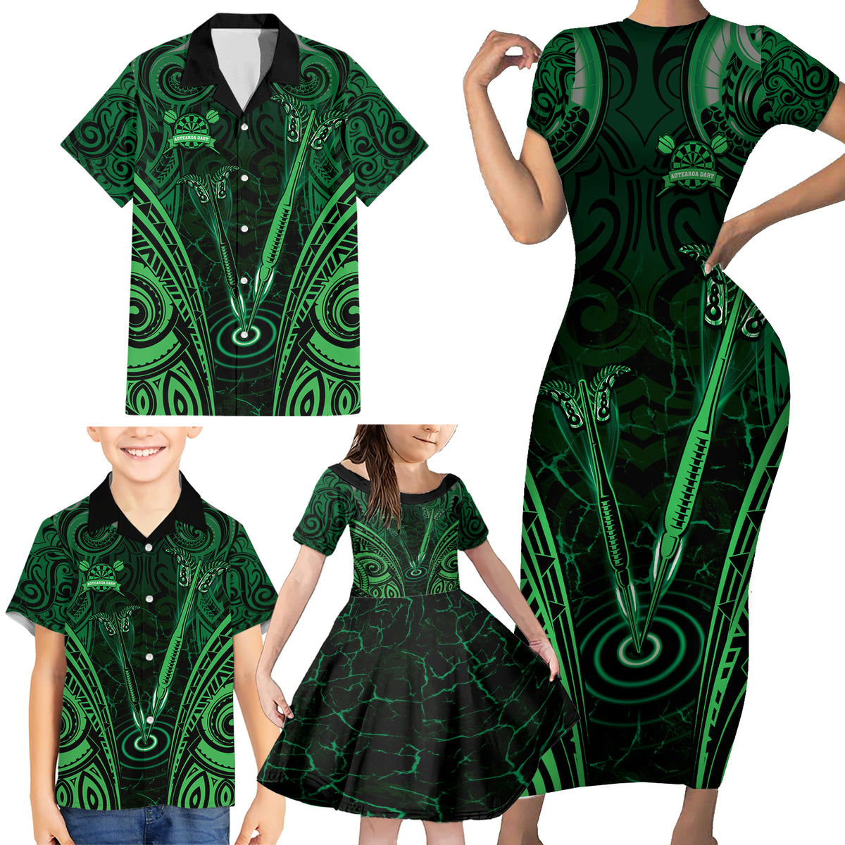 Personalised New Zealand Darts Family Matching Short Sleeve Bodycon Dress and Hawaiian Shirt Green Dart Board Maori Pattern LT05 - Polynesian Pride