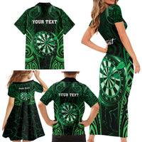 Personalised New Zealand Darts Family Matching Short Sleeve Bodycon Dress and Hawaiian Shirt Green Dart Board Maori Pattern LT05 - Polynesian Pride