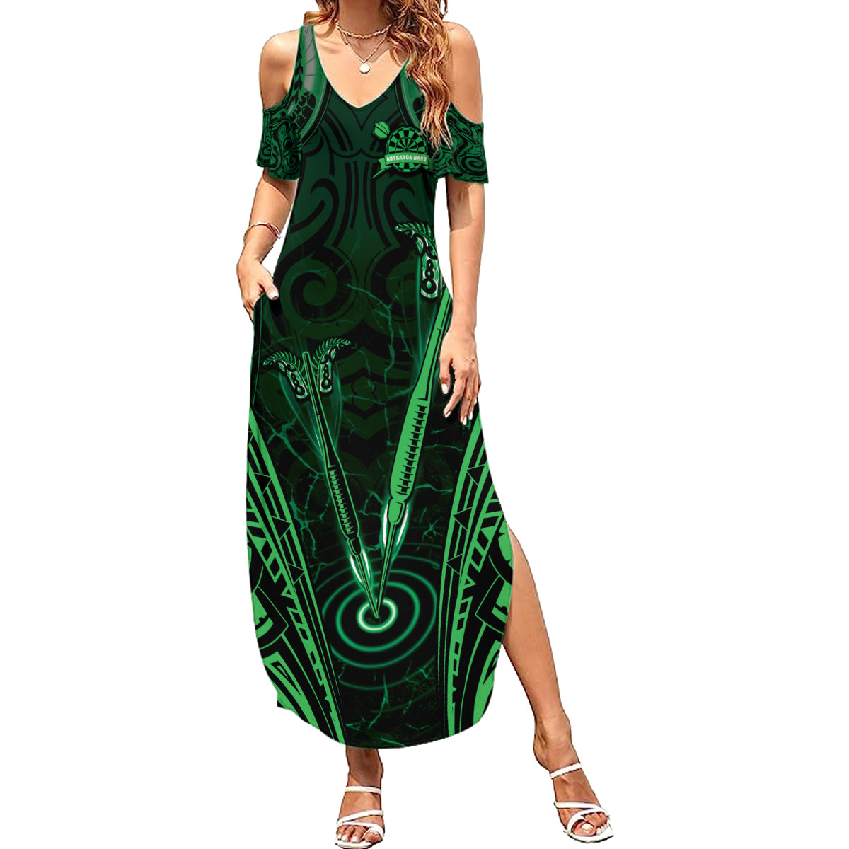 Personalised New Zealand Darts Family Matching Summer Maxi Dress and Hawaiian Shirt Green Dart Board Maori Pattern LT05 Mom's Dress Green - Polynesian Pride