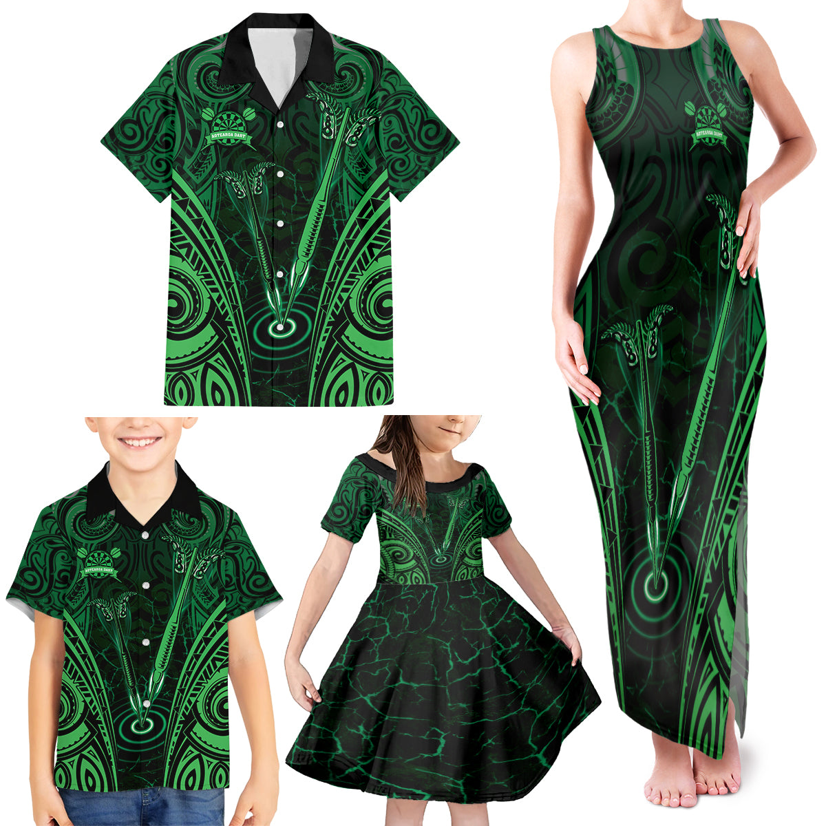 Personalised New Zealand Darts Family Matching Tank Maxi Dress and Hawaiian Shirt Green Dart Board Maori Pattern LT05 - Polynesian Pride