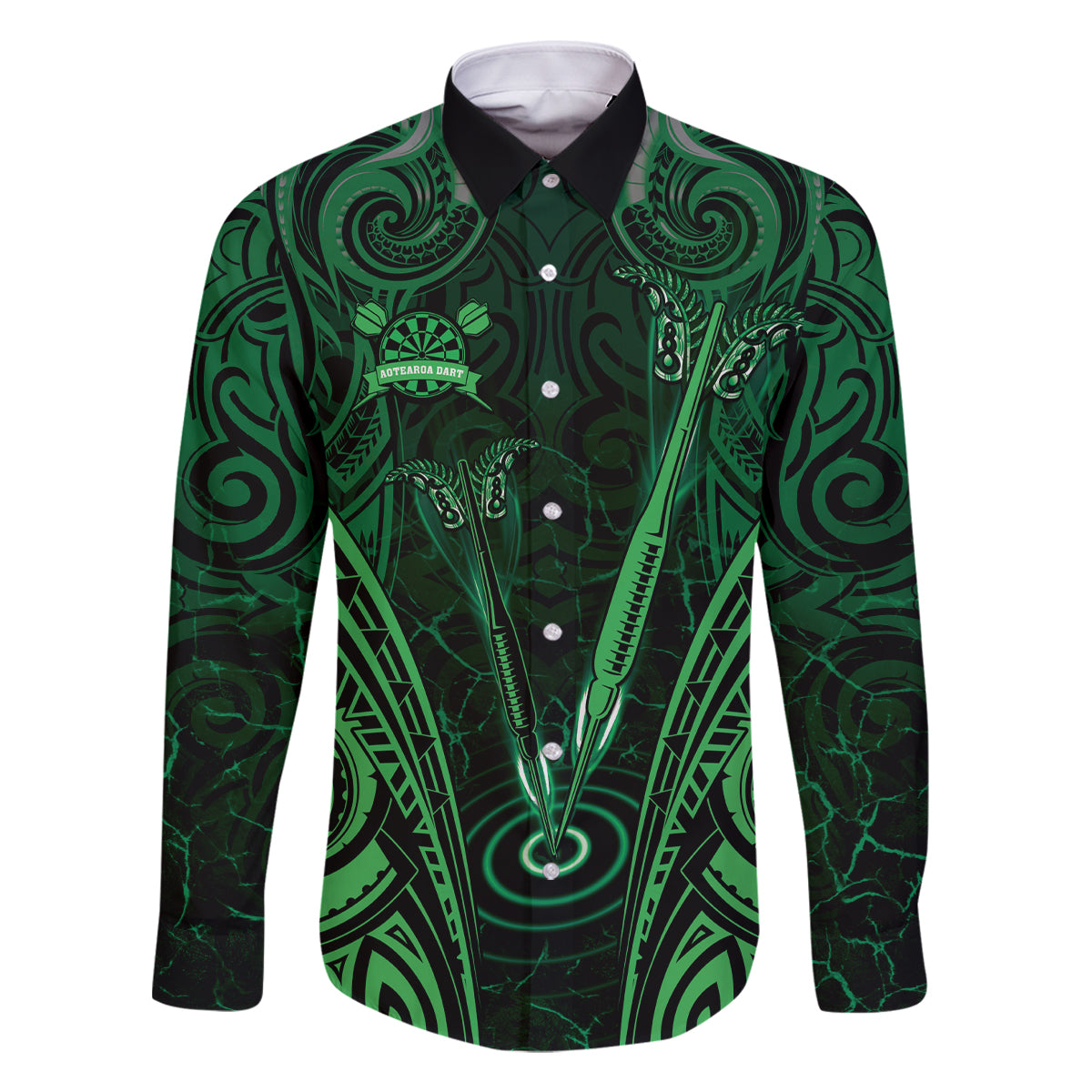 Personalised New Zealand Darts Family Matching Tank Maxi Dress and Hawaiian Shirt Green Dart Board Maori Pattern LT05 Dad's Shirt - Long Sleeve Green - Polynesian Pride