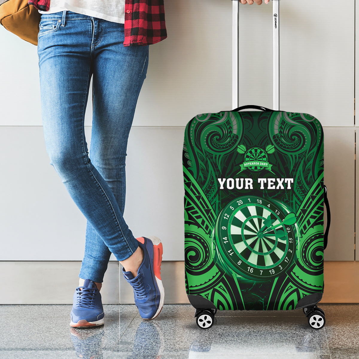 Personalised New Zealand Darts Luggage Cover Green Dart Board Maori Pattern