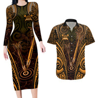 Personalised New Zealand Darts Couples Matching Long Sleeve Bodycon Dress and Hawaiian Shirt Gold Dart Board Maori Pattern LT05 Gold - Polynesian Pride