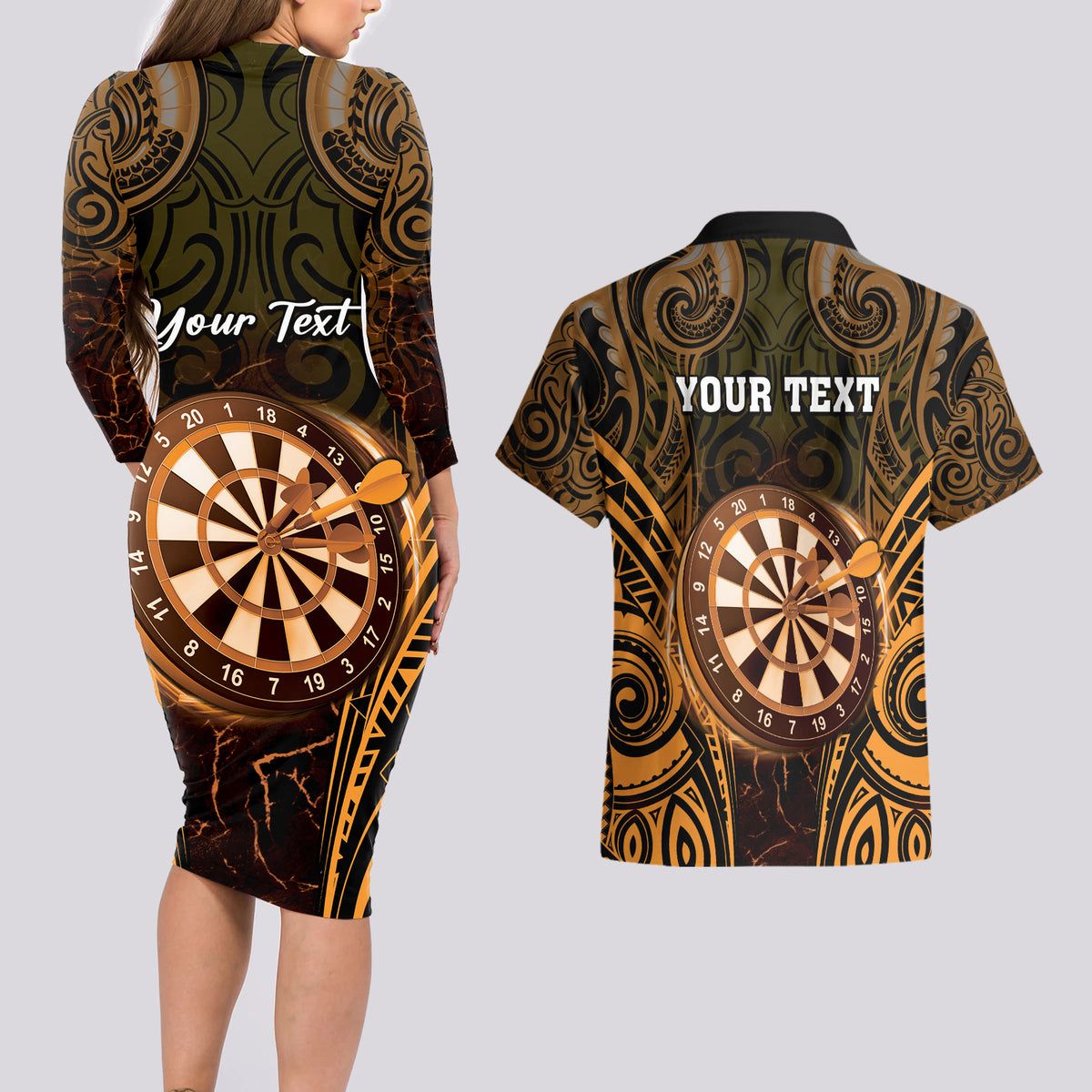 Personalised New Zealand Darts Couples Matching Long Sleeve Bodycon Dress and Hawaiian Shirt Gold Dart Board Maori Pattern LT05 - Polynesian Pride
