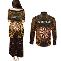 Personalised New Zealand Darts Couples Matching Puletasi and Long Sleeve Button Shirt Gold Dart Board Maori Pattern