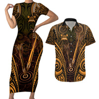 Personalised New Zealand Darts Couples Matching Short Sleeve Bodycon Dress and Hawaiian Shirt Gold Dart Board Maori Pattern LT05 Gold - Polynesian Pride