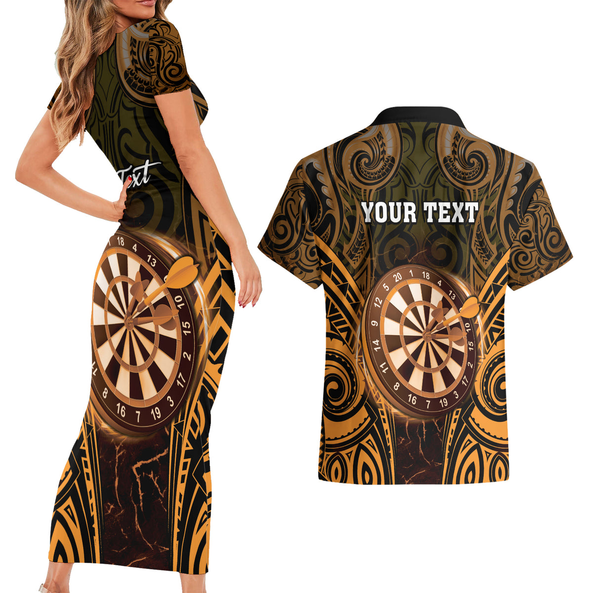 Personalised New Zealand Darts Couples Matching Short Sleeve Bodycon Dress and Hawaiian Shirt Gold Dart Board Maori Pattern LT05 - Polynesian Pride